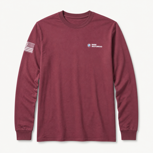 DVP BMW 2025 maroon long-sleeve tee — front studio photo