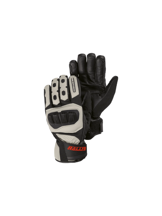 BMW GS Rallye GORE-TEX gloves in anthracite and white, showing knuckle protection and the palm.