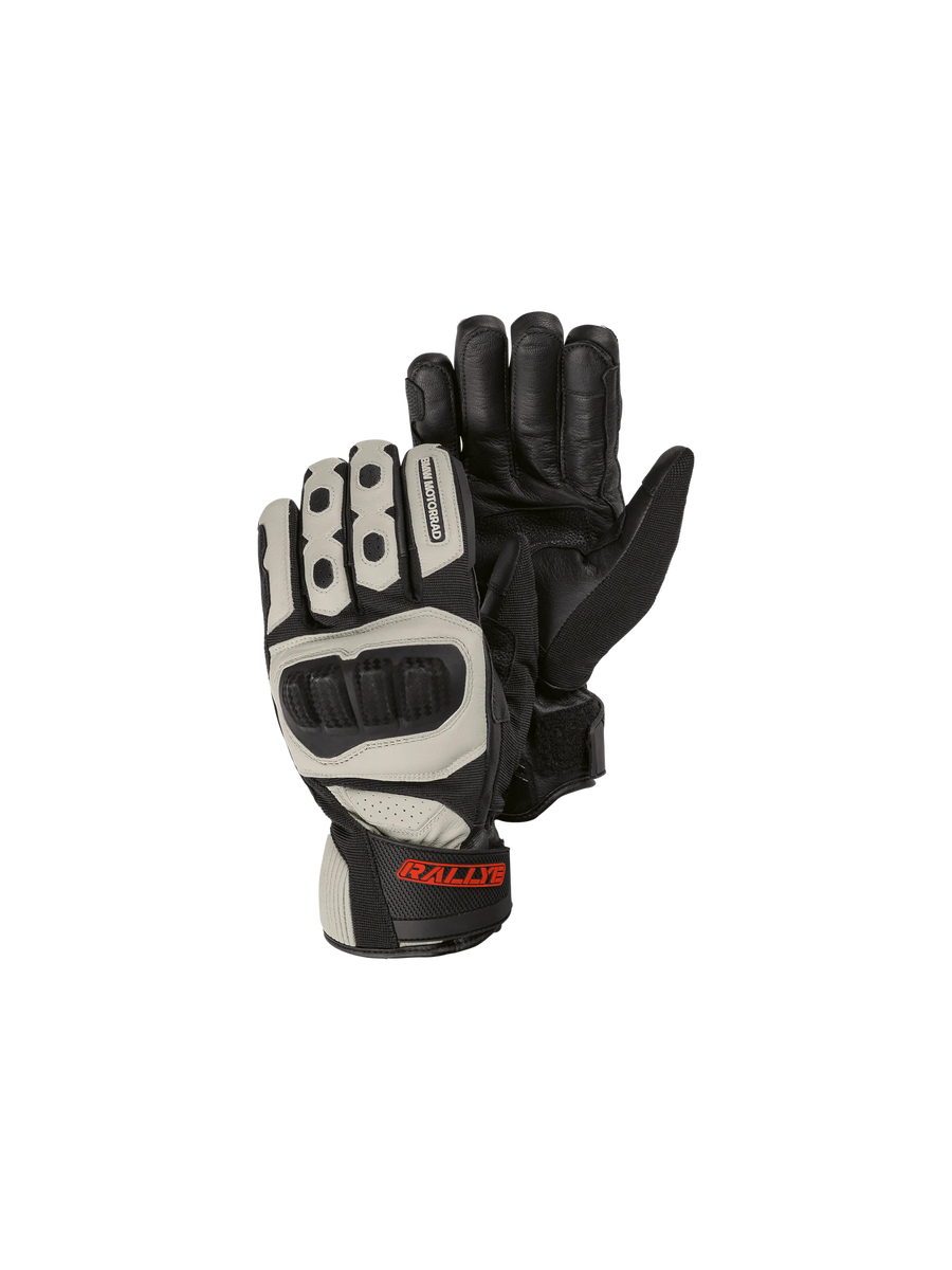 BMW GS Rallye GORE-TEX gloves in anthracite and white, showing knuckle protection and the palm.